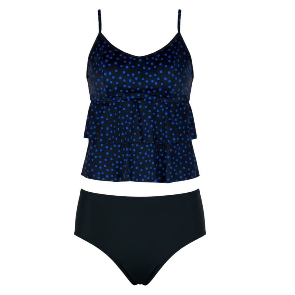 Womens Black Blue Polka Dot Tiered Ruffle Tankini High Waist Ruched Swimsuit Set